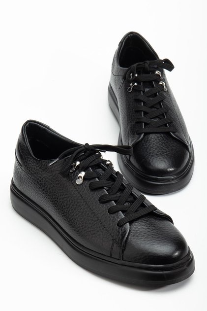 Genuine Leather Men's Casual Shoes Black Flat Sole Tied