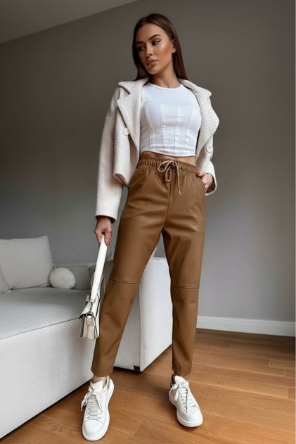 Women's Brown (Camel) High Waist Lace-Up Jogger Leather Pants