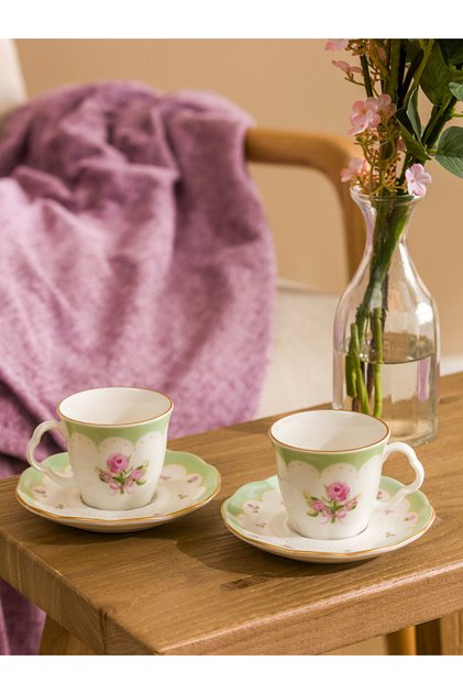 LCW HOME Mixed Flower Printed 2-Person Porcelain Coffee Cup Set