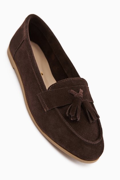 Doris Genuine Leather Brown Suede Tasseled Women's Loafer Shoes