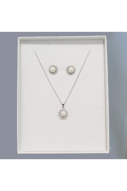 Set accesorii Flower Pearl, din inox,cercei, lantic,pandantiv,stilizat cu perle si cristale,Argintiu