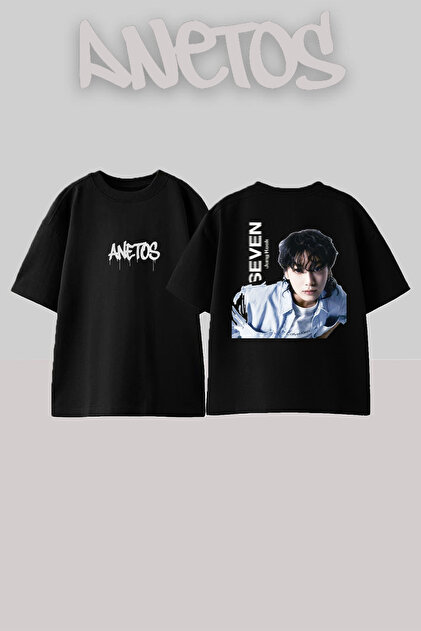 Anetos Seven Jungkook Tasarım Sırt Baskılı Pamuk Siyah Oversize T