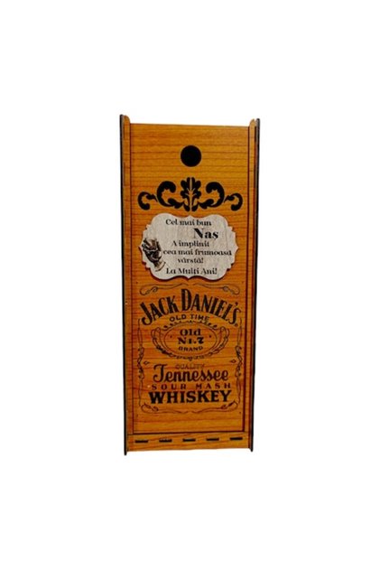 Cutie de whiskey personalizata cu mesaj personalizat pentru nasi, model Jack Daniels 30x10 cm