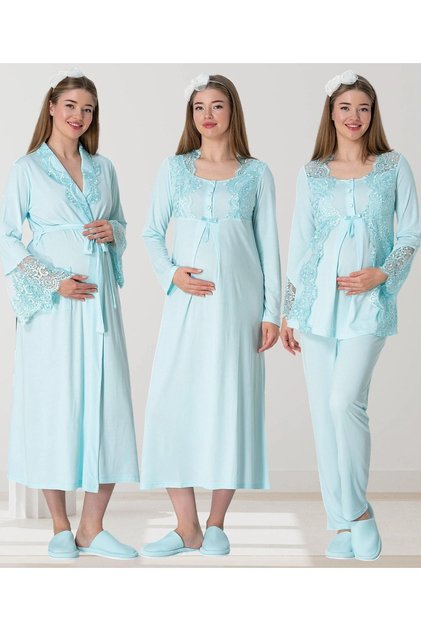 Women's Turquoise Shawl Collar Lace Embroidered Special Design Maternity Pajamas Nightgown Dressing Gown Set 4-Piece Set