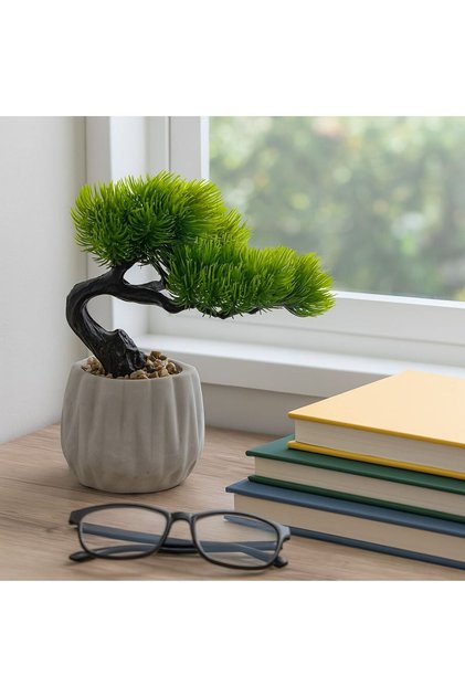 Ghiveci Decorativ Gri cu Planta Artificiala Bonsai 17x15x19cm