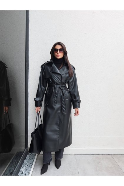 Leder-Trenchcoat mit Apolet-Detail und Gürtel