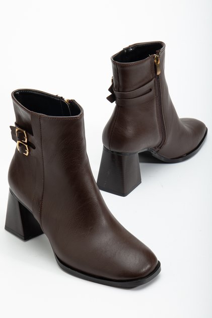 Women's Brown Leather Tpu Sole Double Buckle Pointed Toe Zippered Heeled Boots