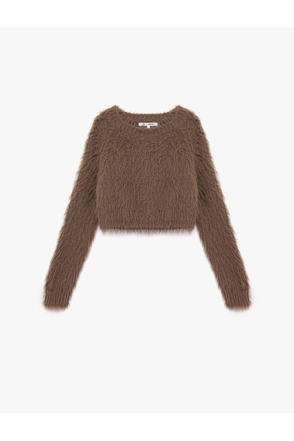 Bisiklet Yaka Uzun Kollu Peluş Crop Kazak