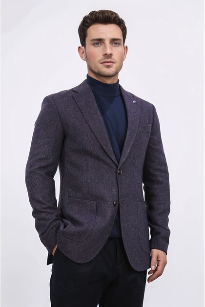 Slim Fit Mono Collar Purple Unlined Wool Single Jacket