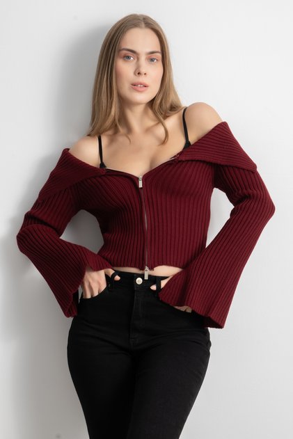 Women's Double Zipper Ribbed Knit Cardigan - Burgundy