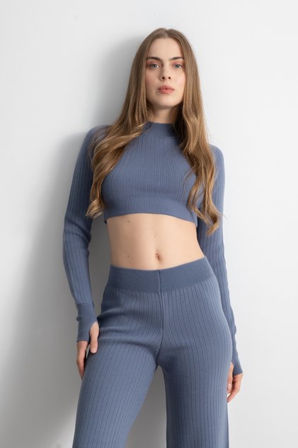 Women's Knitwear Crop Sweater Pants Top-And-Bottom Set - Indigo-Blue