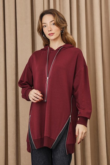 Kadın Fermuar Detaylı Tunik - 10731TUN - Bordo-Siyah