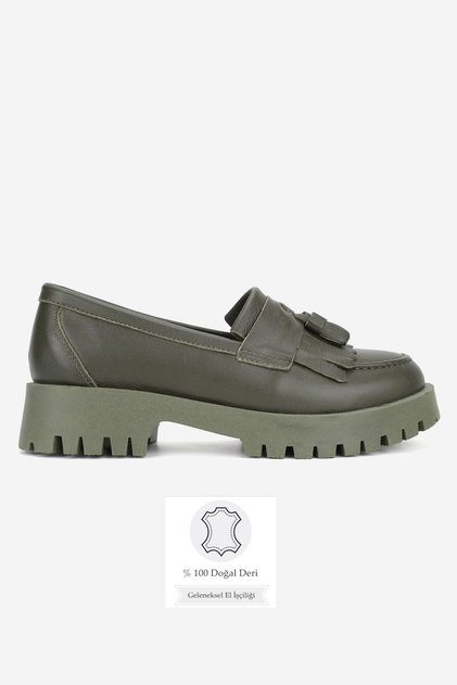 Women's Green Genuine Natural Leather Size 36-41 Tassled Loafer Shoes
