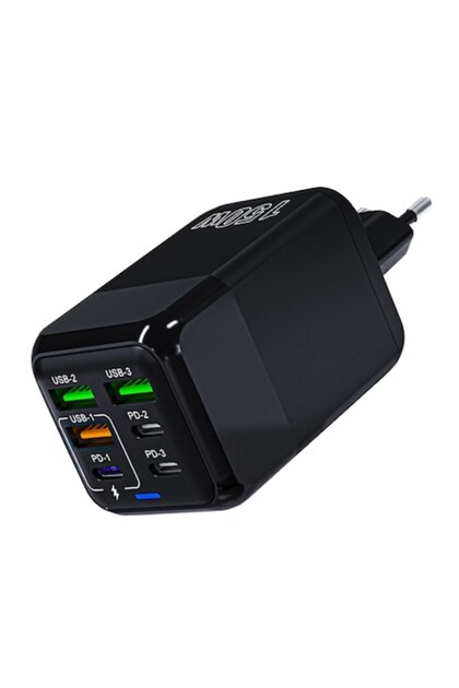 150W захранващ адаптер за зарядно устройство, DigikalaX®, 6 порта, 3 x USB, 3 x Type-C, бързо зареждане, LED, черно