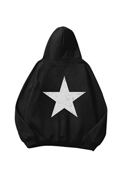 Star Glitter Printed Black Oversize Unisex Hoodie Sweatshirt