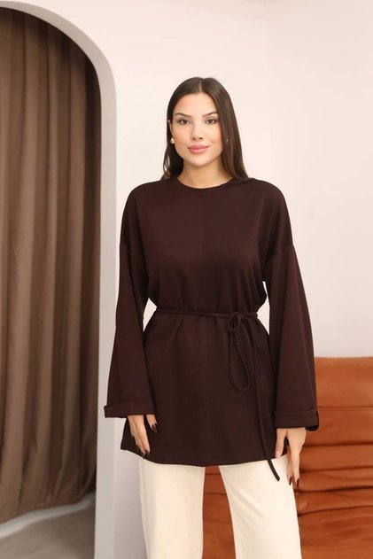 Kahverengi Modal Kumaş Bağlamalı Tunik
