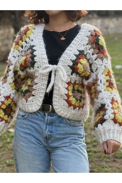 Fuzzy, Motif Detailed, Multi-Colored Knitted Cardigan, Hand Knitted Bohemian Cardigan - Cream, Orange, Green, Yellow