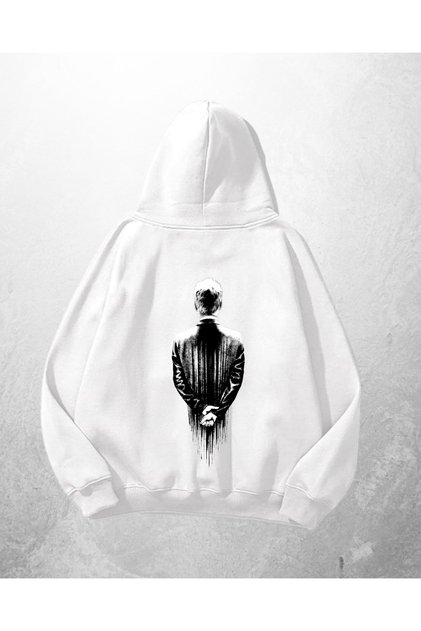 White Unisex Backward-Facing Man Printed Oversize Hoodie Sweatshirt
