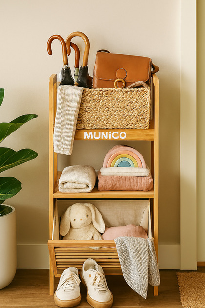 Munico Bambu Çek-Aç Kirli Sepet – 95 cm Yükseklik, Organizer Raflı