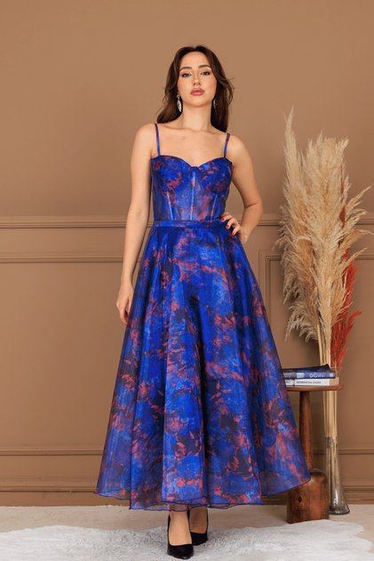 Organza Strap Midi Dress - Blue