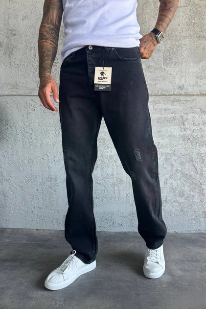 Men's Baggy Fit Black Ripped Detailed Denim Jean Trousers Ke-179