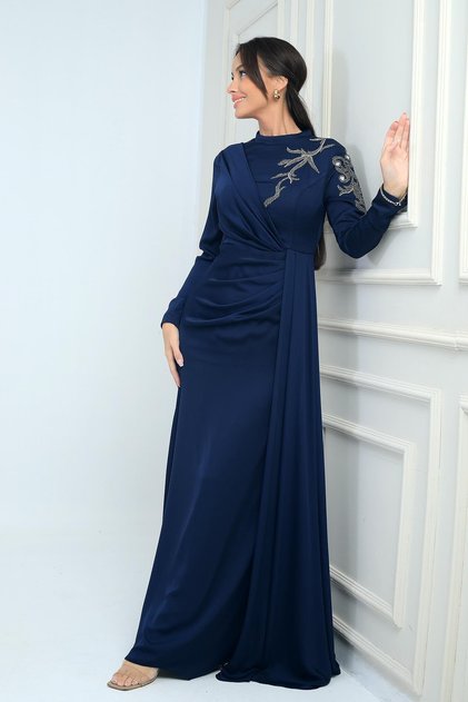 Stone Embroidered Front Gathered Lined Crepe Satin Hijab Dress