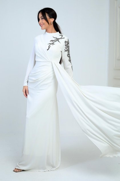Stone Embroidered Front Gathered Lined Crepe Satin Hijab Dress