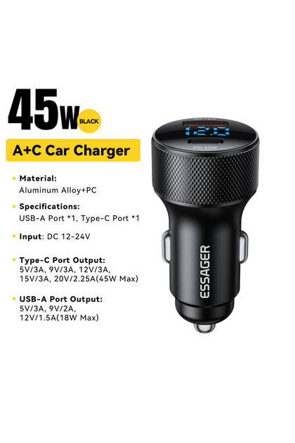 Black USB C Car Charger 45W 2 Ports PD3.0 QC3.0 Digital Display Car Phone Charger Fo