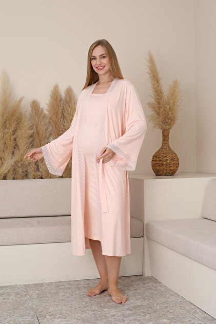 Serenity Lace Detailed Maternity and Postpartum Robe Strappy Nightgown Set