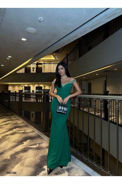 Crepe Stretch Fabric Collar Sleeve Pearl Detailed Evening Dress 583184 Emerald