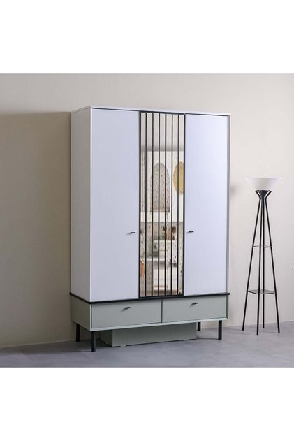 Petra 3-Door Wardrobe with 2 Drawers & Mirror - White & Grey Engineered Wood, 200.4x53x130cm