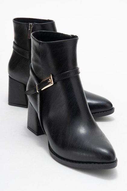 Pointed Toe Buckle Women's Heeled Boots Black Skin