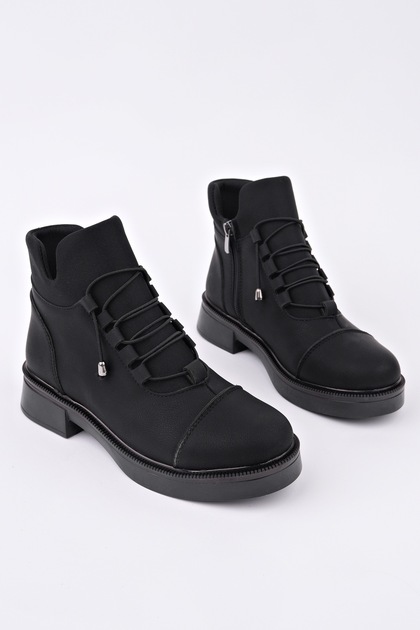 Women's Black Matte Rubber Lace-Up and Zippered Boots