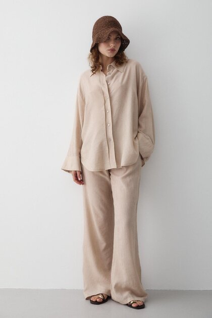 Stone Color Textured Shirt Pants Set