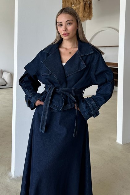 Belt Detailed Crop Denim Jacket Dark Blue 8277