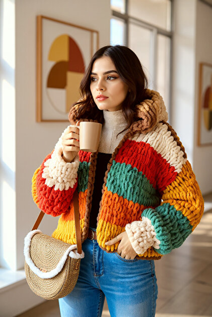 Zuviel Deco Handmade El yapımı örgü retro kapüşonlu chunky hırka