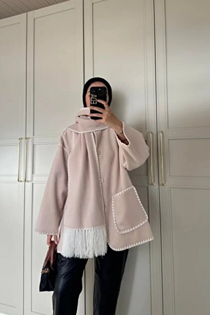 Soft Stamp Coat with Embroidery Detail and Scarf - Jacket