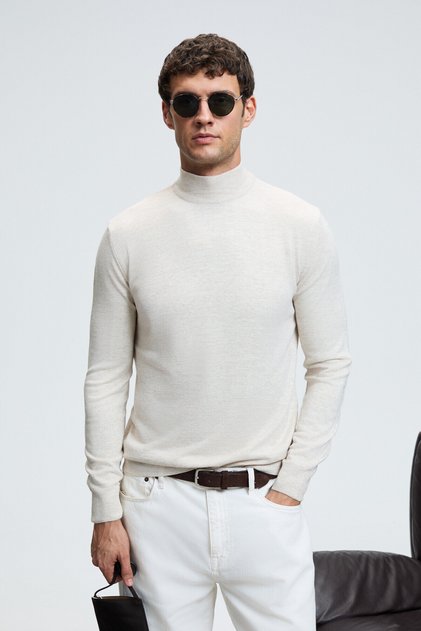 Rebel Men's Half Turtleneck Basic Slim Fit Knitwear Beige Sweater