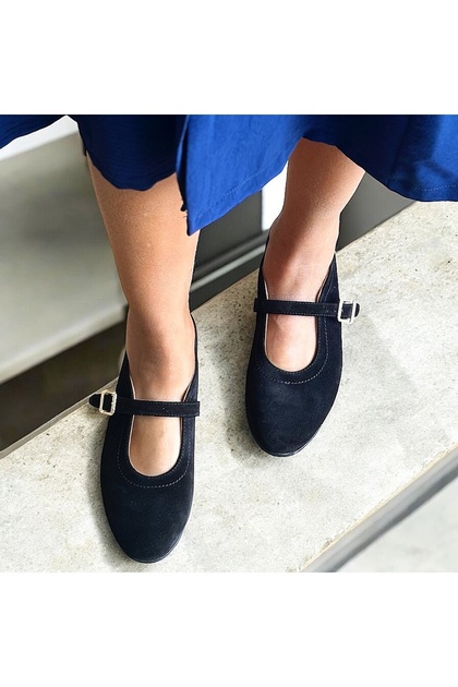 Black Suede Genuine Leather Ballerinas with Buckle