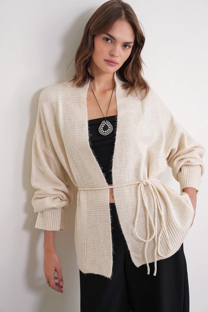 6966 Women's V-Neck Rope Tie Knitwear Cardigan Natural