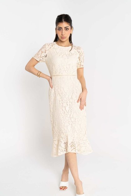 Lace-Trimmed Short Sleeve Midi Dress with Round Neckline