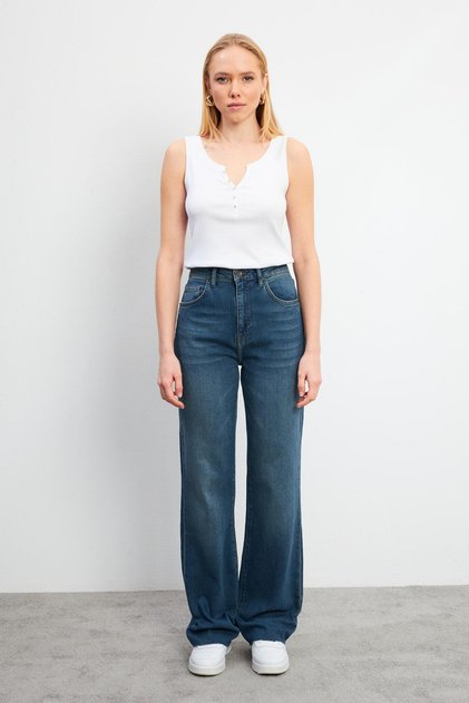 Kadın Wanda Vintage Dark Blue Wide Leg Jean Pantolon - Vintage Dark Blue