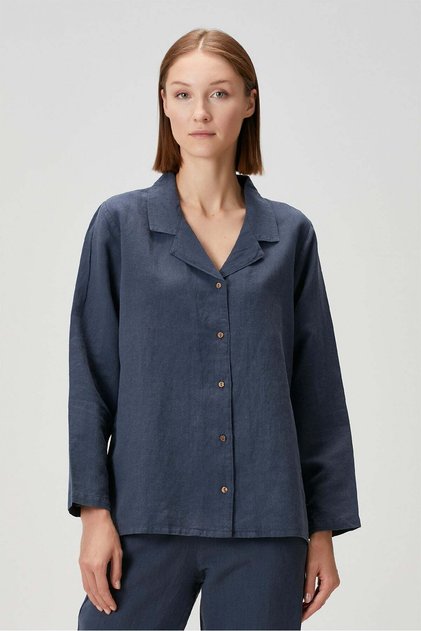 Lino Linen Shirt Pajama Top Navy Blue