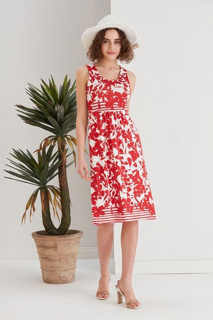 Women's Red Floral Pocket Sports Stylish Sleeveless Viscose Curve Large Size Casual Dress