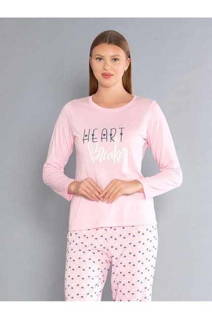 Long Sleeve Crew Neck Pajama Set - Summer Heart Pattern Soft Milan Fabric - 59-01 (M, L