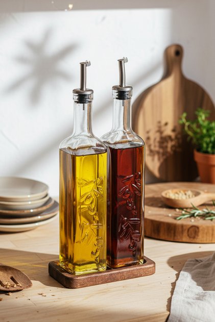 Safir - 2'li Ahşap Standlı Cam Zeytinyağı Sıvıyağ Şişesi Yağdanlık Damlatmaz Yağlık Sirkelik 500ml
