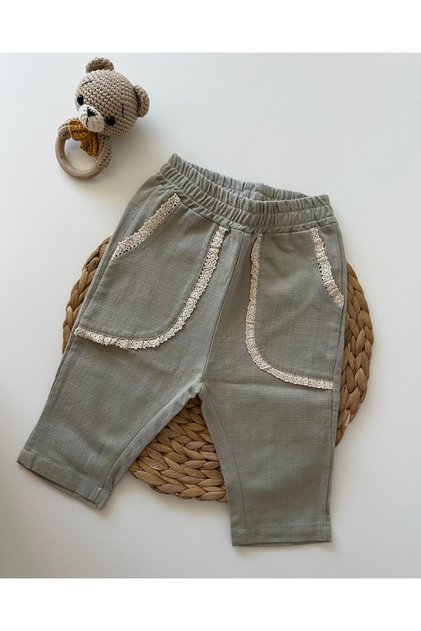 Green Linen Trousers with Embroidery Detail