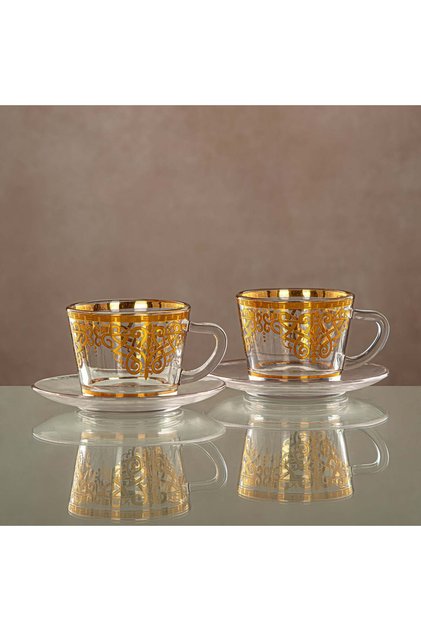 Almarjan Cup & Saucer Set Clear & Gold 6 pieces