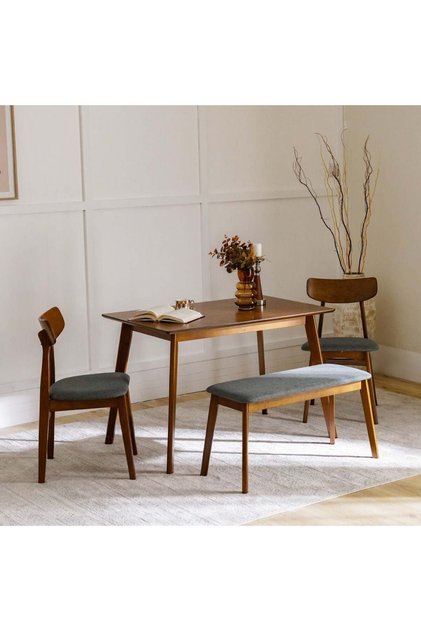 Gemson 4-Seater Dining Set - Solid Wood Table, 2 Chairs & Bench - Walnut Finish, 2-Year Warranty