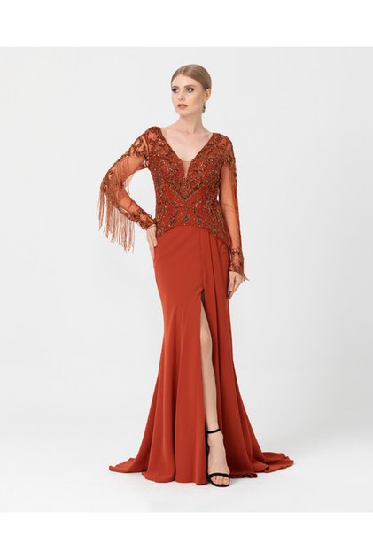 Fish Form V Neck Crepe Evening Dress